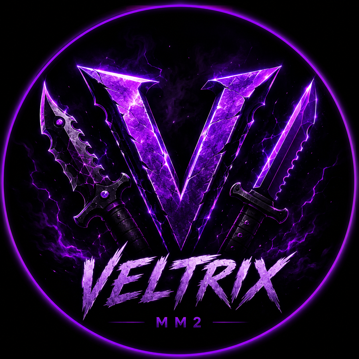 Logo oficial da Veltrix MM2 com design roxo neon e espadas cruzadas